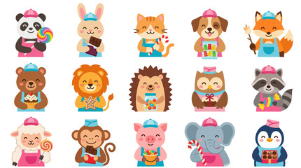 Fototapeta premium Cute Animals in Chef Hats Holding Sweets and Candies Vector Illustration