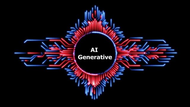 Generative AI text animation on abstract circuit board pattern loop background.