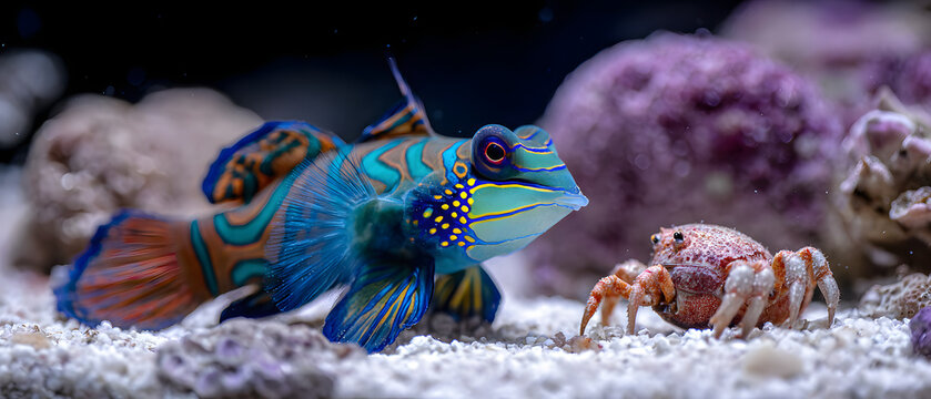 A green and blue *Synchiropus splendidus* fish plays with a hermit crab in its aquarium; an illustration of aquatic animals.