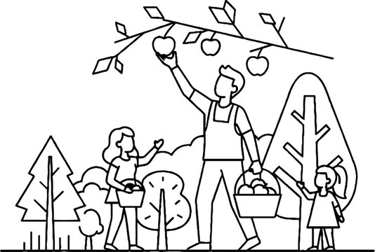 Family Enjoying Apple Picking Together in Orchard Scene.