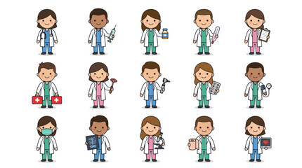 Fototapeta premium Cute Flat Cartoon Doctors and Nurses with Medical Instruments Vector Icons