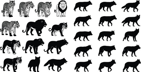 Fototapeta premium Big Cats and Wolf Silhouettes Collection with Lion, Tiger, Panther, and Canine Poses Vector Illustration Set for Wildlife, Predator, and Nature Design
