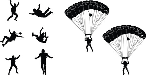 Skydiving Silhouettes Collection with Parachute Jumping People in Freefall and Landing Vector Illustration Set for Extreme Sports and Adventure Design © Minara
