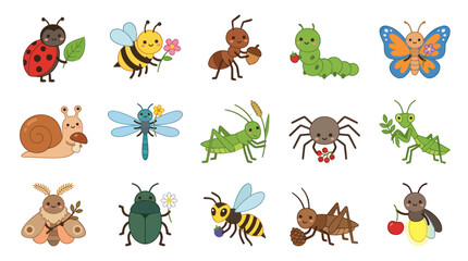 Fototapeta premium Cute Cartoon Insects and Bugs Vector Set. Adorable Nature Creatures Collection for Kids' Education