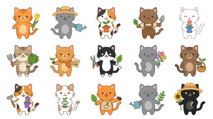 Fototapeta premium Cute Cartoon Gardening Cats Vector Set with Plants, Flowers, and Garden Tools for Nature Lovers