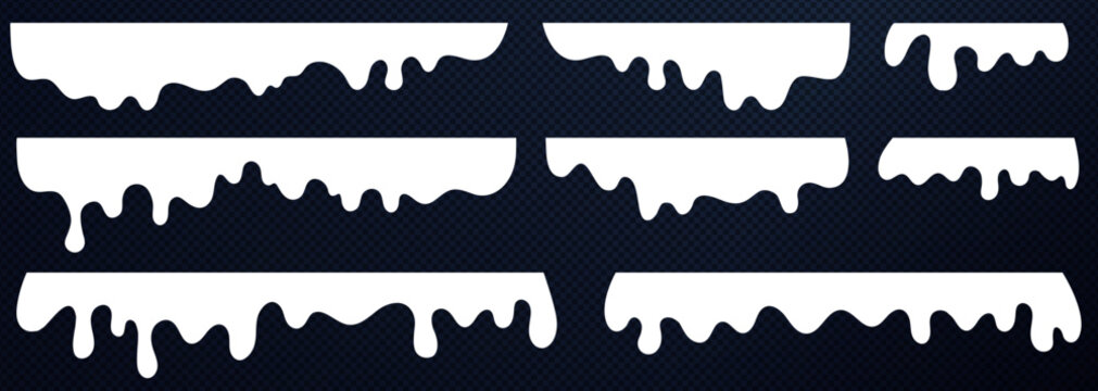 Set of white drip shapes isolated on transparent background. Melting liquid or paint collection. Vector illustration for design overlays.