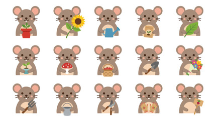 Fototapeta premium Cute Flat Cartoon Mice Gardening Icons Set. Adorable Animal Characters with Garden Tools, Plants Flowers.