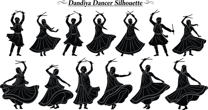 Dandiya Dance Silhouettes Collection with Traditional Indian Folk Dancers Performing Garba with Sticks Vector Illustration Set for Festival and Cultural Design
