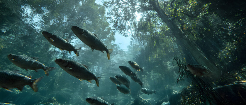 A school of fish swims in clear blue water near a forest. An illustration of animals in the water.