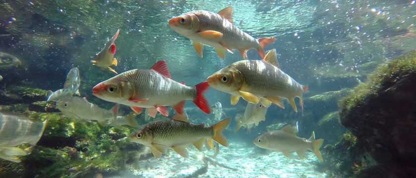 A group of fish swimming in the water; an illustration of aquatic animals.