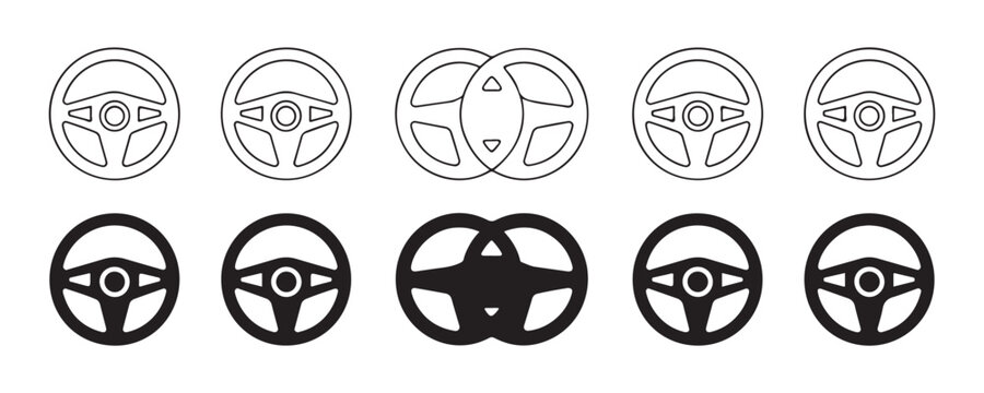 Car steering wheels vector set including outline and solid designs on transparent background.