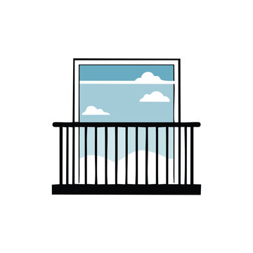 Illustration of a balcony with railing overlooking a bright blue sky architecture building