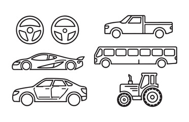 Naklejka premium Linear collection of automotive vehicles and steering wheels isolated on a transparent gray background.