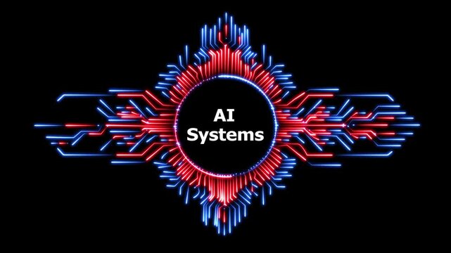 Neon ai systems animation with glowing lines on black background, motion graphics.