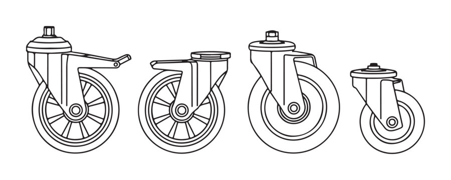 Industrial castor wheel vector icons for heavy duty trolley equipment and moving carts in black line art.