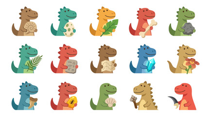 Fototapeta premium Cute Cartoon Dinosaurs Holding Objects, Flat Vector Illustration