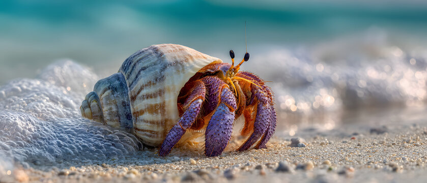 A hermit crab with an exposed shell resting on a sandy beach; an illustration of a land-dwelling animal.