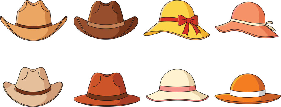 Hat Collection with Cowboy, Fedora, and Summer Sun Hats Colorful Vector Illustration Set for Fashion, Western Style, and Casual Outfit Design
