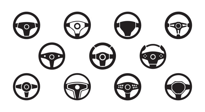Various car steering wheels on transparent background vector set for automotive design and icons.