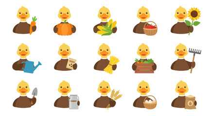 Fototapeta premium Flat Cartoon Farmer Ducks Vector Set with Agriculture Tools, Fresh Crops, and Produce for Farming Niche