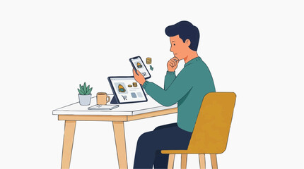 Fototapeta premium Man Shopping Online: A young man sits at his desk, browsing products on his smartphone and tablet, contemplating a purchase with thoughtful expression.