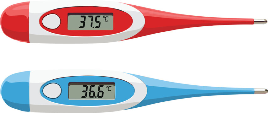Digital Thermometer Set with Red and Blue Medical Temperature Devices Showing Celsius Readings Vector Illustration for Healthcare, Clinic, and Health Monitoring Design