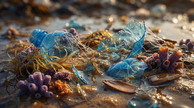 Plastic debris, sea kelp, and sponge life in tidal pool sediment.