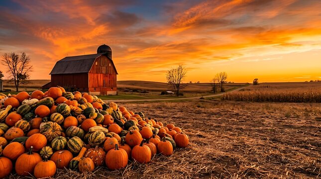 Large harvest of pumpkins and squash at a barn during sunset