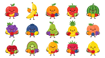 Naklejka premium Cute Fruit Characters Flat Cartoon Vector Illustration Set for Healthy Food and Kids Education
