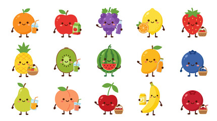 Fototapeta premium Cute Flat Cartoon Fruit Characters Set - Food and Healthy Eating Vector Illustration Collection