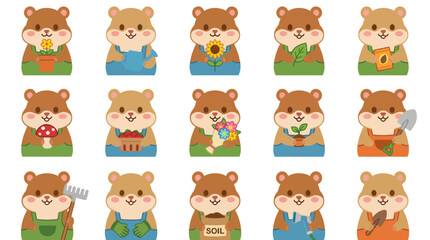 Fototapeta premium Cute Hamsters Gardening Flat Vector Illustrations - Farming Animals