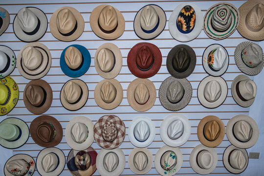 Traditional Ecuadorian Panama hats made of toquilla straw on display in Cuenca, Ecuador