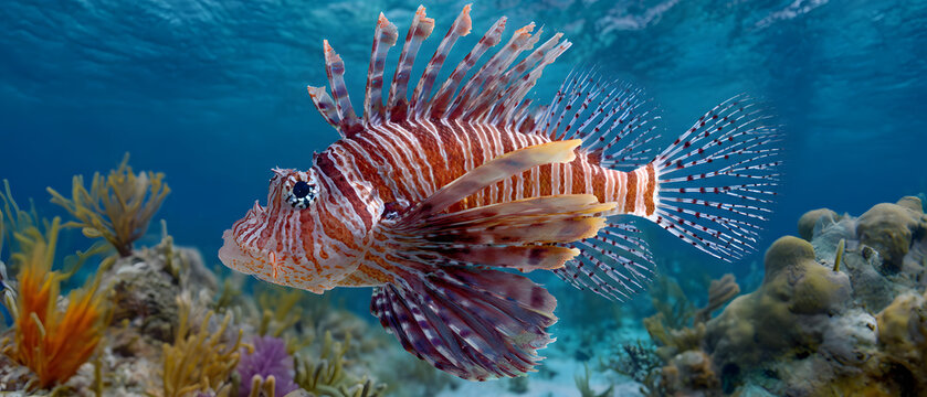 A lionfish swimming in the water. Marine animal background illustration.