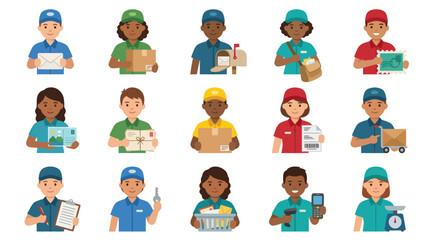 Fototapeta premium Flat Vector Icons of Diverse Delivery Service Workers with Packages and Mail