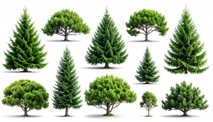 Fototapeta premium Diverse Collection of Evergreen Trees on White Background.