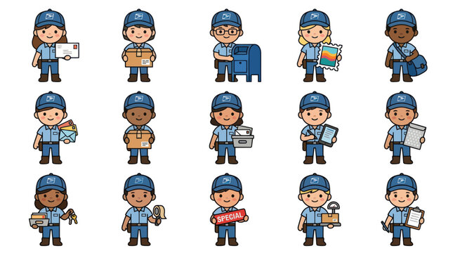 Diverse Mail Carrier Cartoon Character Set - Flat Vector Illustration of Postmen and Postwomen Delivering Packages