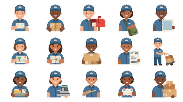 Smiling Diverse Mail Carriers Delivering Postal Service Letters and Packages - Flat Vector Set