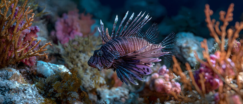 A lionfish, with dark red or purple scales with white edges on its tail fin. Illustration of a marine animal background.