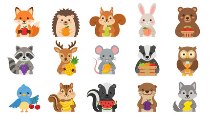 Obraz premium Cute Cartoon Forest Animals Holding Fruits and Vegetables, Flat Design