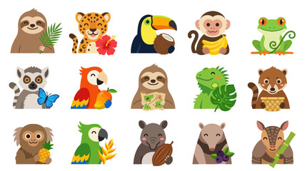 Fototapeta premium Flat Vector Illustration of Cute Tropical Animals from Rainforest