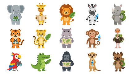 Obraz premium Cute Cartoon Safari Animals Holding Maps and Binoculars, Flat Vector Illustration