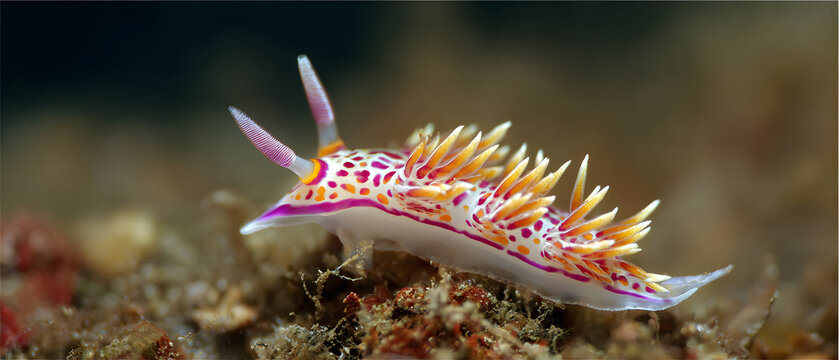 Beautiful white and red nudibranch with yellow tentacles. Sea animal background illustration.