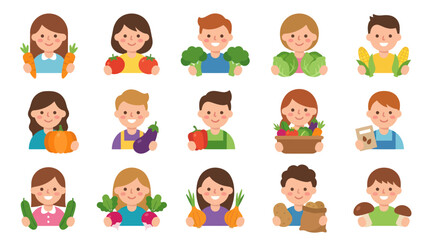 Fototapeta premium Flat Style Kids Farmers Holding Fresh Vegetables and Fruits, Vector Illustration