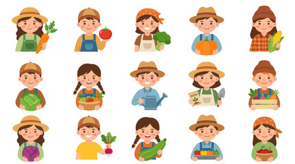 Fototapeta premium Flat Vector Farmers With Harvested Vegetables And Fruits, Healthy Food Icon