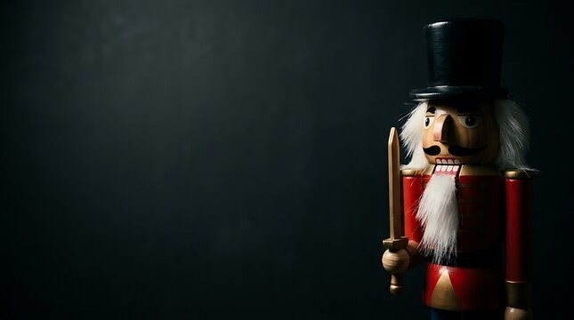 Traditional wooden nutcracker soldier on dark background