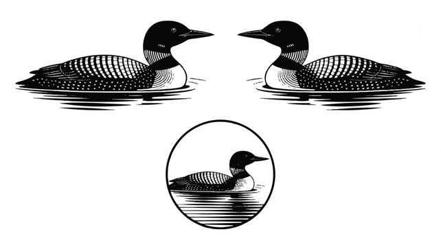 Three Loons Swimming on a Minimalist Floral Patterned Water Surface