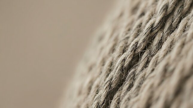 Macro view of coiled thick rustic twine on a neutral background