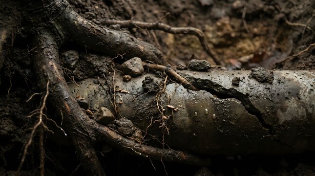 Close-up of a damaged underground water pipe with visible cracks and surrounding tree roots, highlighting critical infrastructure decay and the urgent need for repair and maintenance