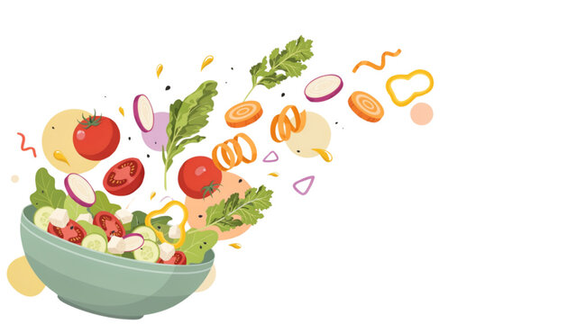 Colorful fruits and vegetables bursting from a ceramic bowl with confetti Vector