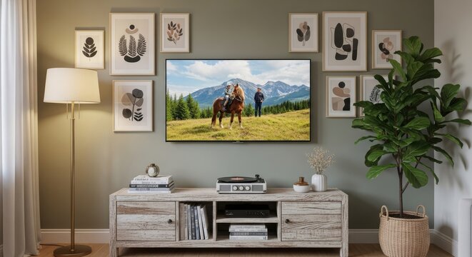 Modern living room with television and gallery wall decor
